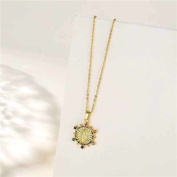 Necklace Stainless Steel Mixed Gem Inlay Geometric Electroplating Pendant Chain Women's Fashion Religious Accessories