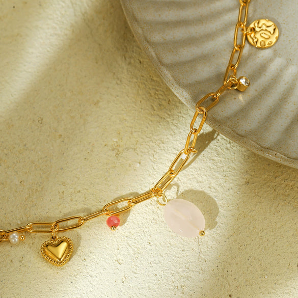 Necklace Stainless Steel Natural Stone Beaded Pearl Heart Shape Electroplating Women's Light Luxury Trendy