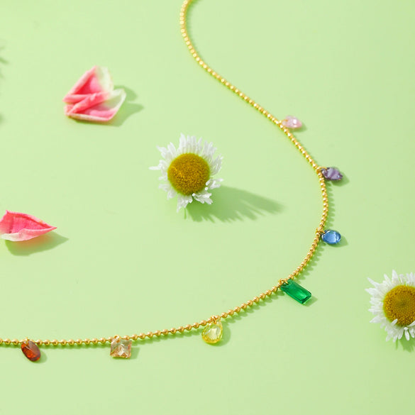 Necklace Stainless Steel Organic Glass Geometric Style Electroplating Colorful Zircon Tassel Chain