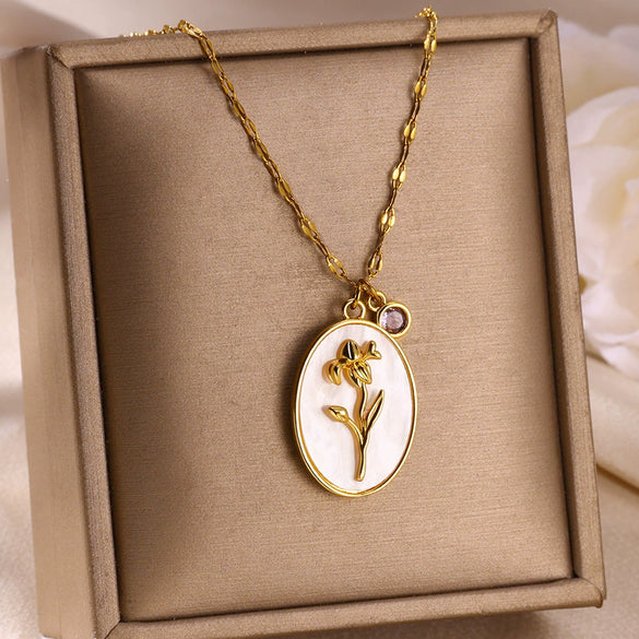 Necklace Stainless Steel Oval Shell Pendant Electroplating With Letters Numbers Text Pattern