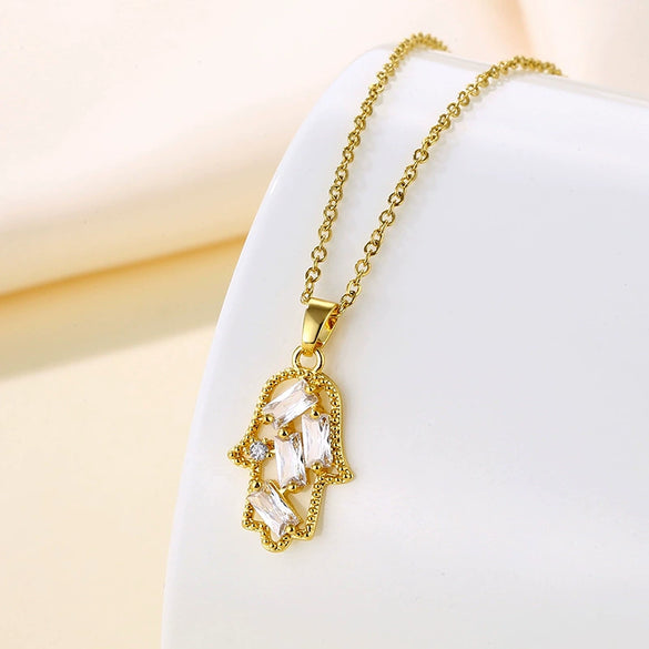 Necklace Stainless Steel Palm Pattern Mixed Gem Inlay Electroplating Hip Hop Jewelry Women