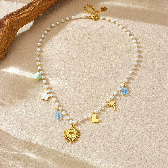 Necklace Stainless Steel Pearl Chain Heart Shape Pendant Electroplating Women's Accessories