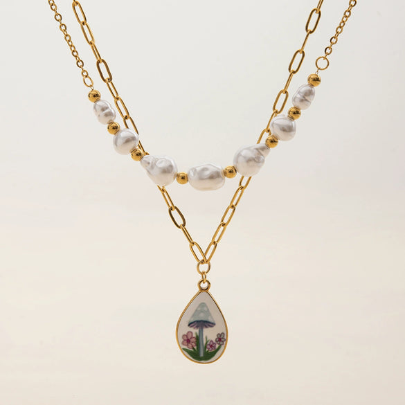 Necklace Stainless Steel Pearl Doublelayer Geometric Minimalist Titanium Steel Pendant Electroplated Jewelry