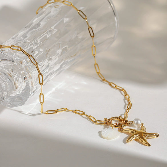 Necklace Stainless Steel Pearl Marine Shell Starfish Geometric Electroplating Women's Jewelry