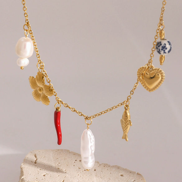 Necklace Stainless Steel Pearl Multipendant Geometric Electroplating Jewelry For Women
