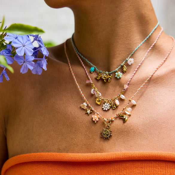 Necklace Stainless Steel Pearl Shell Pink Oil Dripping Geometric Flower Cherry Electroplated For Women