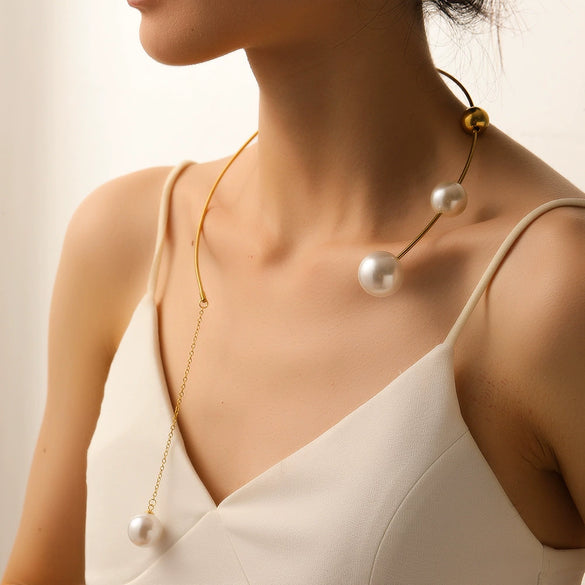 Necklace Stainless Steel Pearl Tassel Geometric Women's Fashion Trendy Simple Niche Design Collar Elegant