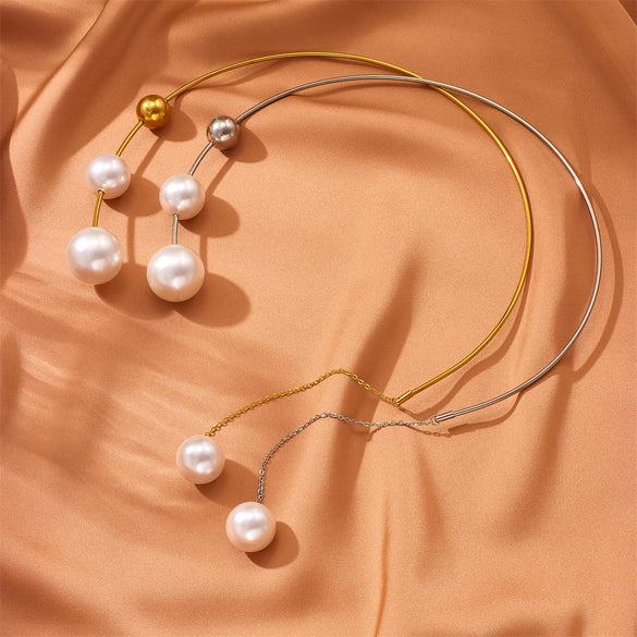 Necklace Stainless Steel Pearl Tassel Geometric Women's Fashion Trendy Simple Niche Design Collar Elegant