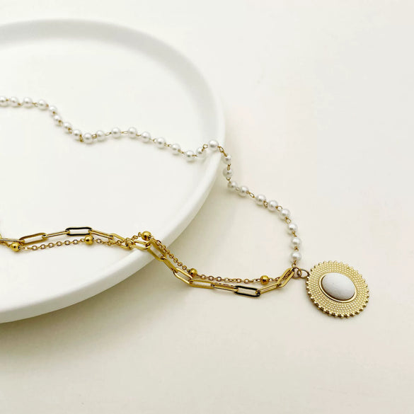 Necklace Stainless Steel Pearl White Natural Stone Straw Hat Pendant Light Luxury For Women Electroplating