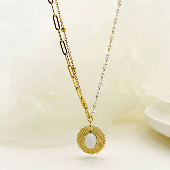 Necklace Stainless Steel Pearl White Natural Stone Straw Hat Pendant Light Luxury For Women Electroplating