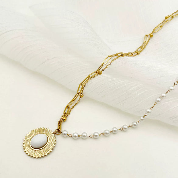 Necklace Stainless Steel Pearl White Natural Stone Straw Hat Pendant Light Luxury For Women Electroplating