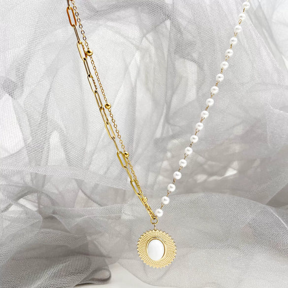 Necklace Stainless Steel Pearl White Natural Stone Straw Hat Pendant Light Luxury For Women Electroplating