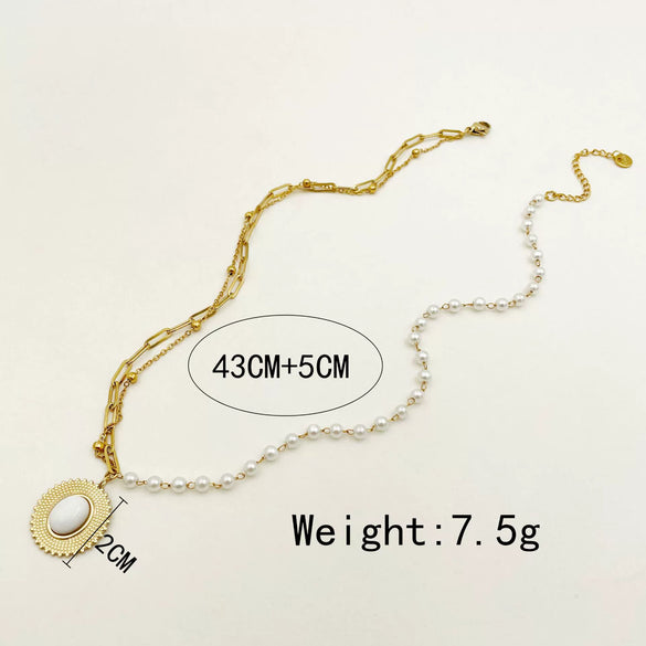 Necklace Stainless Steel Pearl White Natural Stone Straw Hat Pendant Light Luxury For Women Electroplating