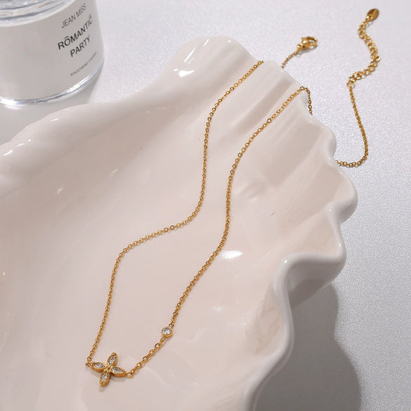 Necklace 316L Stainless Steel Plated 18K Gold Inlaid Crystal Bow Shape Jewelry For Women