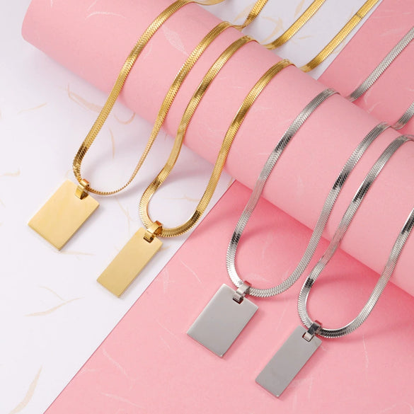 Necklace Stainless Steel Rectangular Geometric Laser Pendant Snake Chain