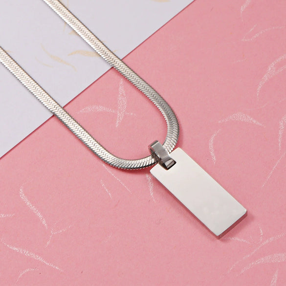 Necklace Stainless Steel Rectangular Geometric Laser Pendant Snake Chain