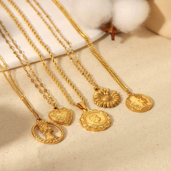 Necklace Stainless Steel Retro Portrait Three Dimensional Relief Coin Style With Heart And Flower Patterns Electroplated