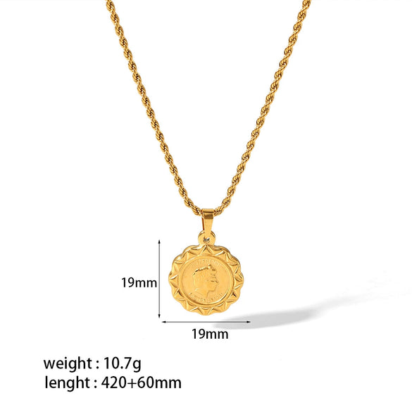 Necklace Stainless Steel Retro Portrait Three Dimensional Relief Coin Style With Heart And Flower Patterns Electroplated