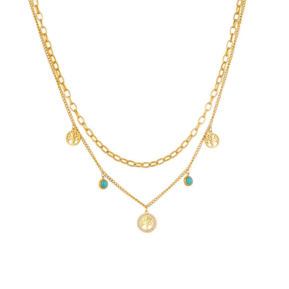 Necklace Stainless Steel Round Pendant Doublelayer Chain Fashion Retro Simple With Turquoise Life Tree And Diamond Embedded Electroplating