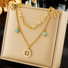 Necklace Stainless Steel Round Pendant Doublelayer Chain Fashion Retro Simple With Turquoise Life Tree And Diamond Embedded Electroplating