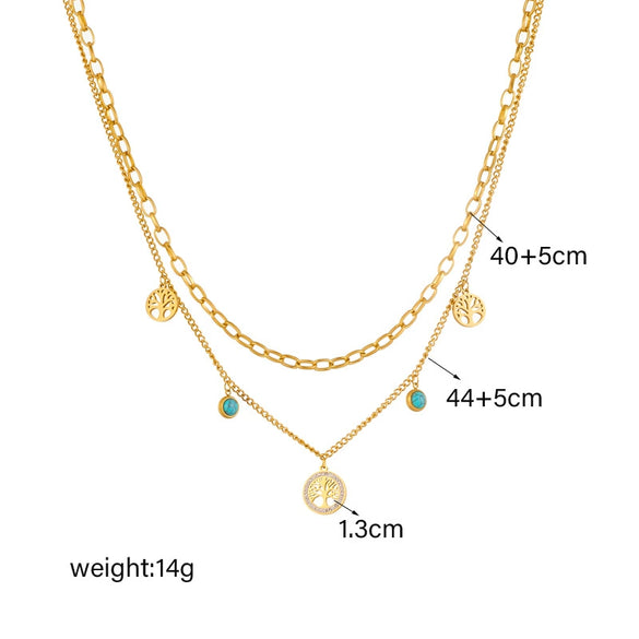 Necklace Stainless Steel Round Pendant Doublelayer Chain Fashion Retro Simple With Turquoise Life Tree And Diamond Embedded Electroplating