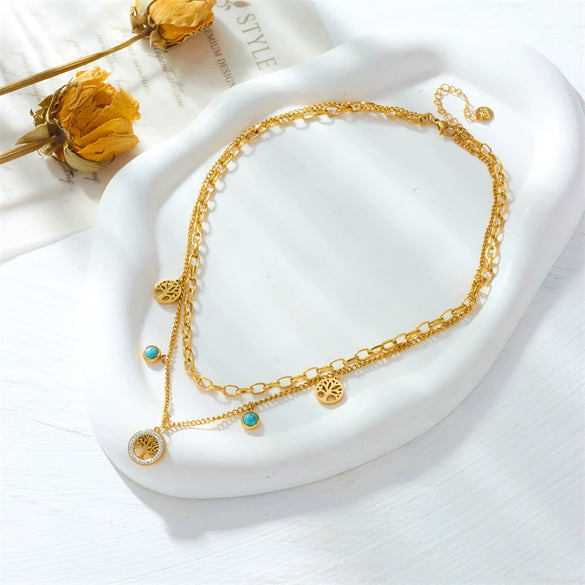 Necklace Stainless Steel Round Pendant Doublelayer Chain Fashion Retro Simple With Turquoise Life Tree And Diamond Embedded Electroplating