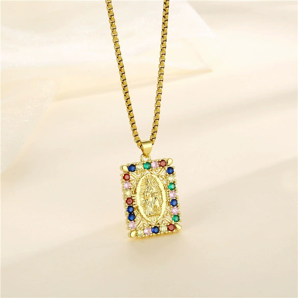 Necklace Stainless Steel Square Mixed Gem Inlay Electroplating Pendant For Women