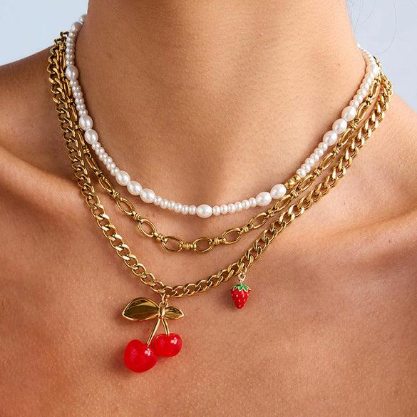 Necklace Stainless Steel Titanium Steel Cherry Strawberry Acrylic Light Luxury Niche Electroplating Women
