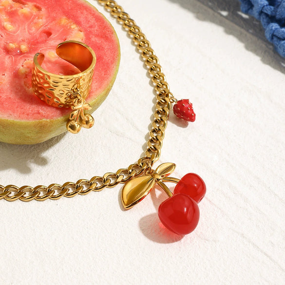Necklace Stainless Steel Titanium Steel Cherry Strawberry Acrylic Light Luxury Niche Electroplating Women