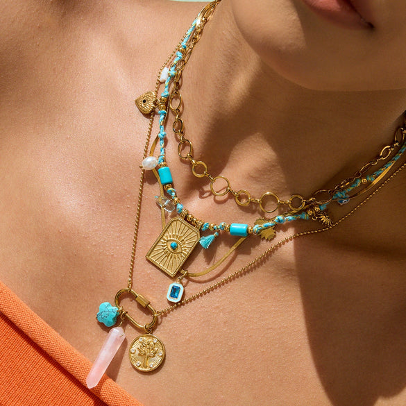 Necklace Stainless Steel Titanium Steel Freshwater Pearl Natural Stone Oil Dripping Turquoise Geometric Fivepointed Pendant Electroplating Quiet Design Ins Style Minimalist Women's