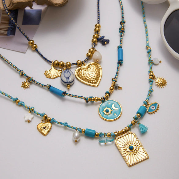 Necklace Stainless Steel Titanium Steel Freshwater Pearl Natural Stone Oil Dripping Turquoise Geometric Fivepointed Pendant Electroplating Quiet Design Ins Style Minimalist Women's
