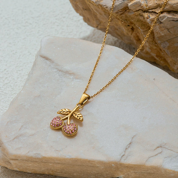 Necklace Stainless Steel Titanium Steel Fruit Pink Zircon Electroplating Pendant Accessory For Women