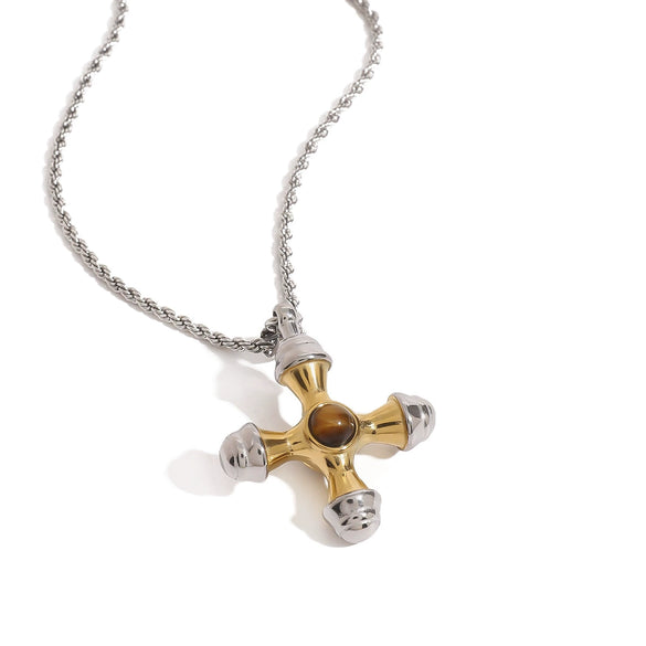 Necklace Stainless Steel Titanium Steel Geometric Cross Electroplating Tiger Eye Stone Gold And Silver Color Matching Women's