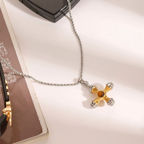 Necklace Stainless Steel Titanium Steel Geometric Cross Electroplating Tiger Eye Stone Gold And Silver Color Matching Women's