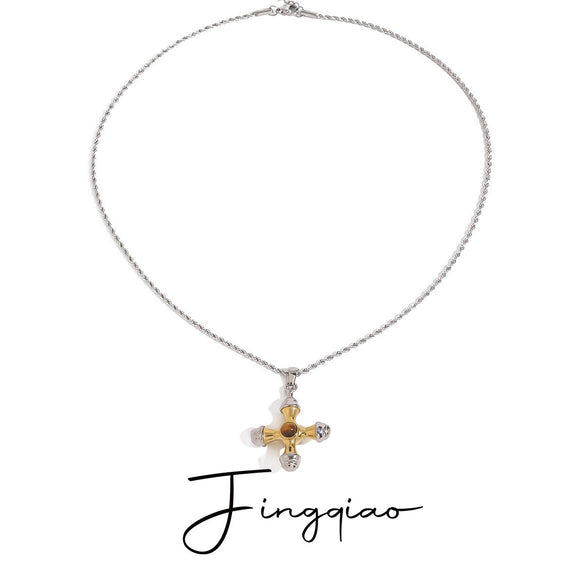 Necklace Stainless Steel Titanium Steel Geometric Cross Electroplating Tiger Eye Stone Gold And Silver Color Matching Women's