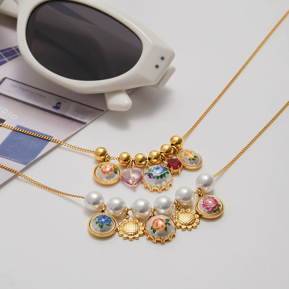 Necklace Stainless Steel Titanium Steel Geometric Heart Pearl Print Rhinestone Electroplating