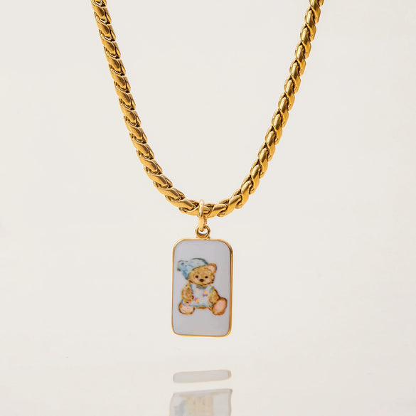 Necklace Stainless Steel Titanium Steel Geometric Oil Drop Printing Bear Pendant Electroplating