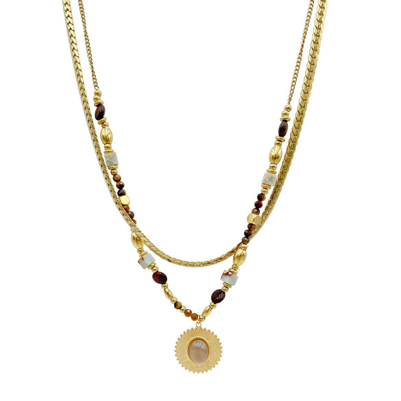 Necklace Stainless Steel Titanium Steel Geometric Pattern Handmade Electroplating Round Beads Rice Beads Doublelayer Chain Natural Stone Pendant Women's