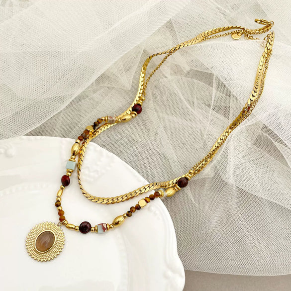 Necklace Stainless Steel Titanium Steel Geometric Pattern Handmade Electroplating Round Beads Rice Beads Doublelayer Chain Natural Stone Pendant Women's