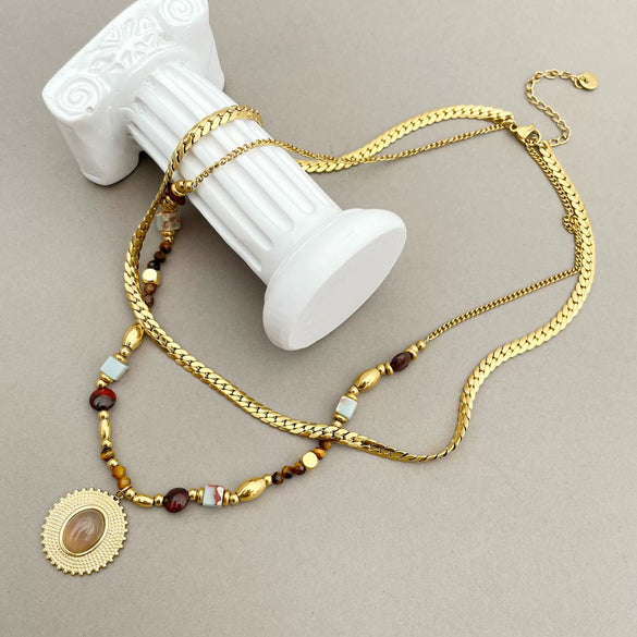 Necklace Stainless Steel Titanium Steel Geometric Pattern Handmade Electroplating Round Beads Rice Beads Doublelayer Chain Natural Stone Pendant Women's