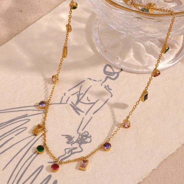 Necklace Stainless Steel Titanium Steel Geometric Round Rectangular 18K Gold Plated Zircon