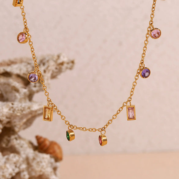 Necklace Stainless Steel Titanium Steel Geometric Round Rectangular 18K Gold Plated Zircon