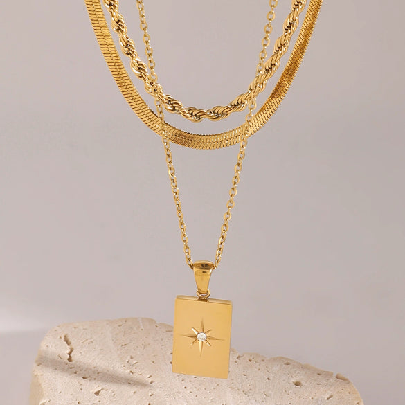 Necklace Stainless Steel Titanium Steel Geometric Star Square Pendant Three Layer Chain Electroplating Design