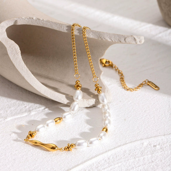 Necklace Stainless Steel Titanium Steel Oval Pearl Waveshaped Electroplated French Retro Style