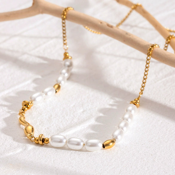 Necklace Stainless Steel Titanium Steel Oval Pearl Waveshaped Electroplated French Retro Style