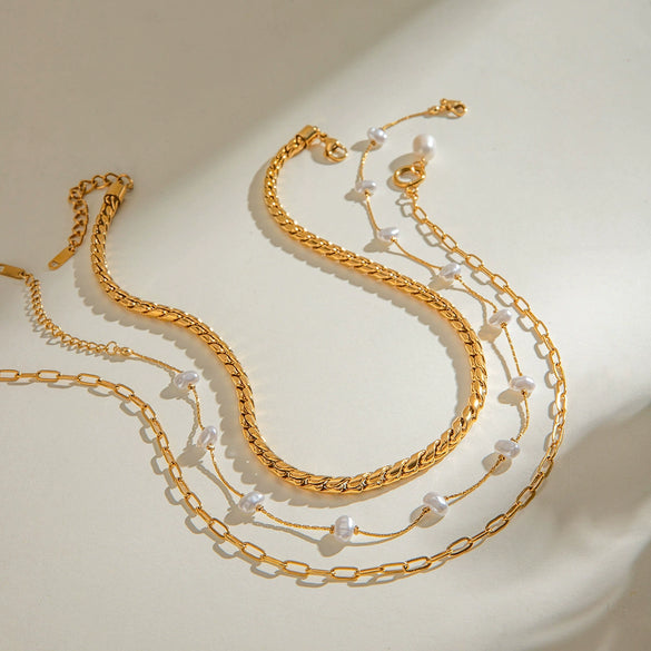 Necklace Stainless Steel Titanium Steel Pearl Multi Layer Stacked Geometric Retro Electroplating Design For Women