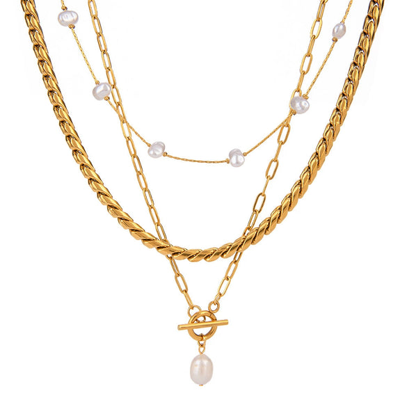 Necklace Stainless Steel Titanium Steel Pearl Multi Layer Stacked Geometric Retro Electroplating Design For Women