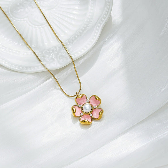 Necklace Stainless Steel Titanium Steel Retro Flower Enamel Colorful Oil Drop Electroplating Pendant For Women