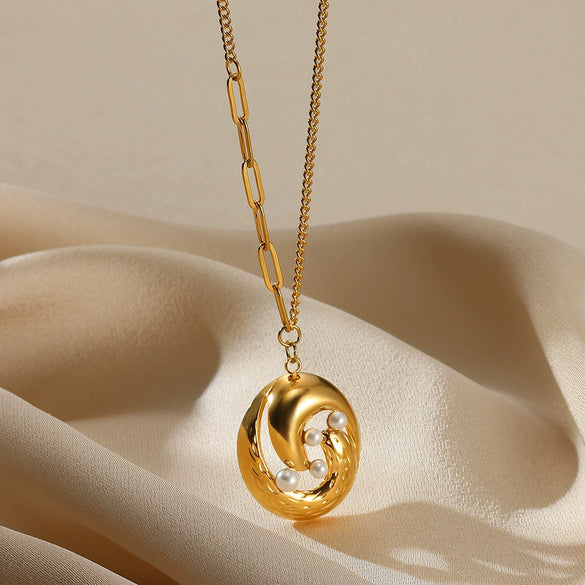 Necklace Stainless Steel Zircon Pearl Antique Love Pendant Geometric Electroplated