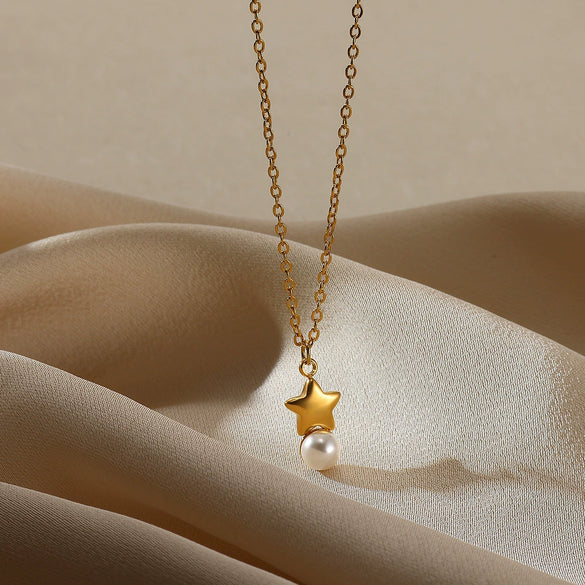 Necklace Stainless Steel Zircon Pearl Antique Love Pendant Geometric Electroplated
